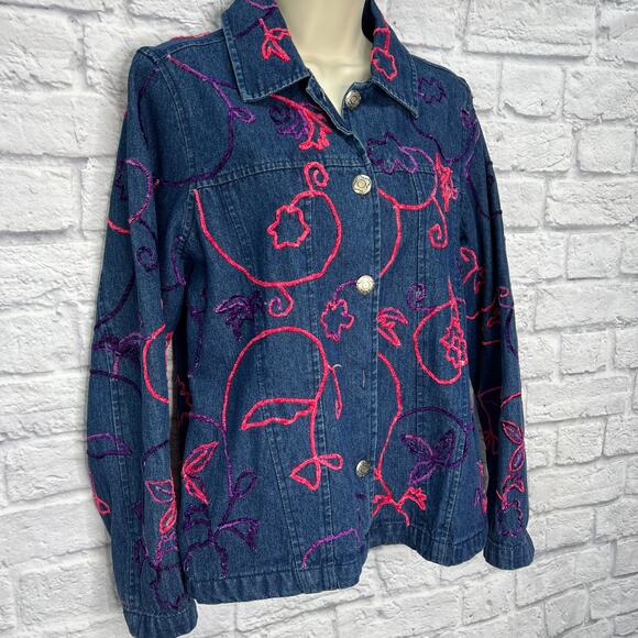 Vintage Choices Denim Jean Jacket Size M Pink Floral Embroidered Textured - Picture 2 of 7
